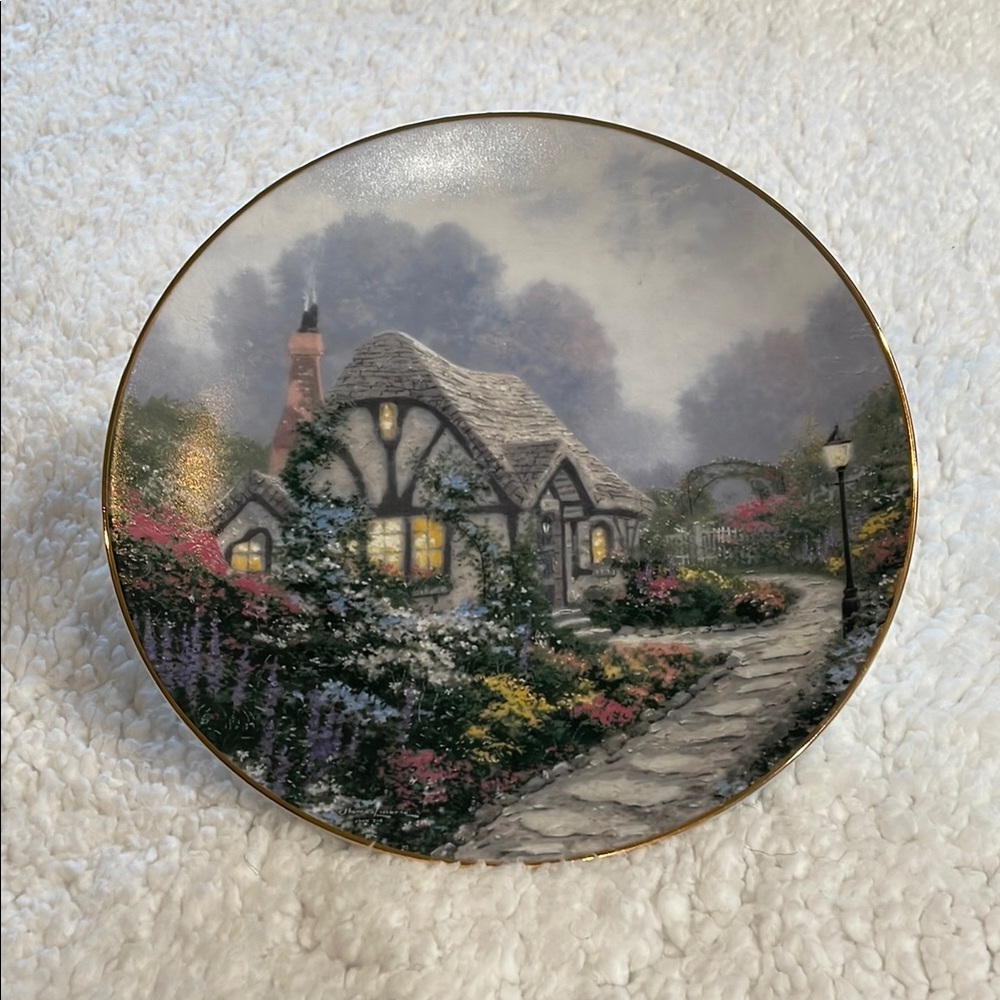 Thomas Kinkade Cottage Plate with Gold Trim